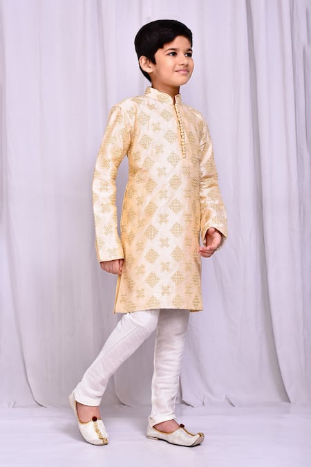 Petite Pomme_Beige Silk Embroidery Bloom Cluster Kurta With Churidar _at_Aza_Fashions