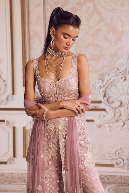 Label Sanya Gulati_Pink Silk Organza, Net Embroidery, Zari, Pearls, Floral Peplum Top Palazzo Set _Online_at_Aza_Fashions