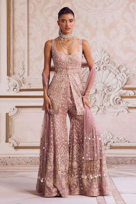 Shop_Label Sanya Gulati_Pink Silk Organza, Net Embroidery, Zari, Pearls, Floral Peplum Top Palazzo Set _Online_at_Aza_Fashions
