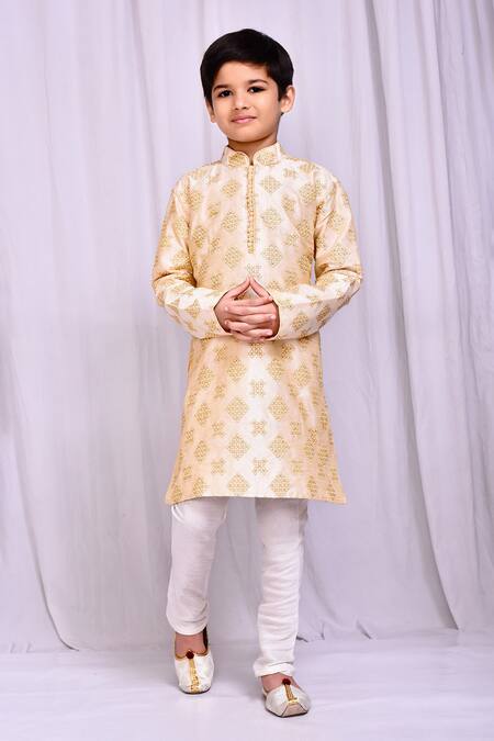 Petite Pomme_Beige Silk Embroidery Bloom Cluster Kurta _Online_at_Aza_Fashions