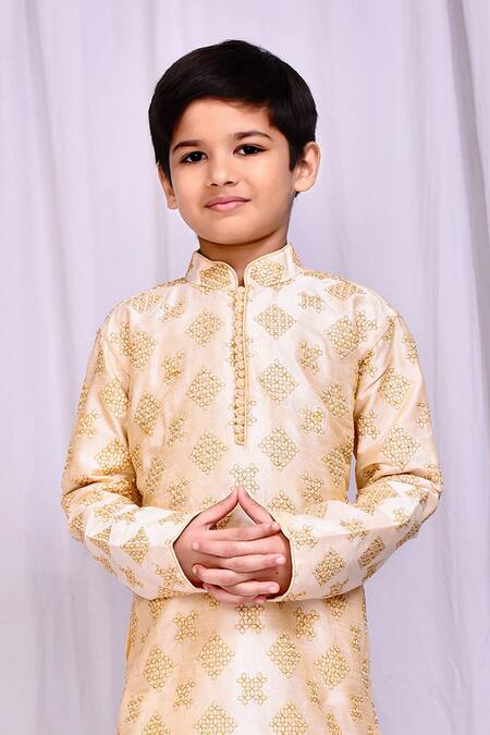 Buy_Petite Pomme_Beige Silk Embroidery Bloom Cluster Kurta _Online_at_Aza_Fashions