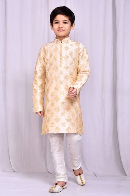 Shop_Petite Pomme_Beige Silk Embroidery Bloom Cluster Kurta _Online_at_Aza_Fashions