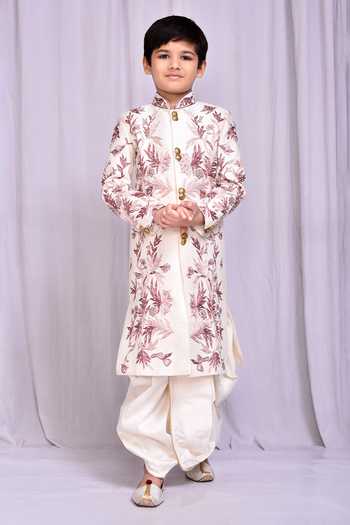 Petite Pomme_White Silk Embroidery Floral Vine Sherwani And Dhoti Pant Set _Online_at_Aza_Fashions