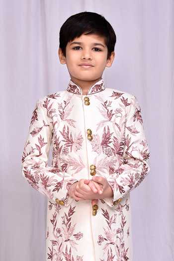 Buy_Petite Pomme_White Silk Embroidery Floral Vine Sherwani And Dhoti Pant Set _Online_at_Aza_Fashions