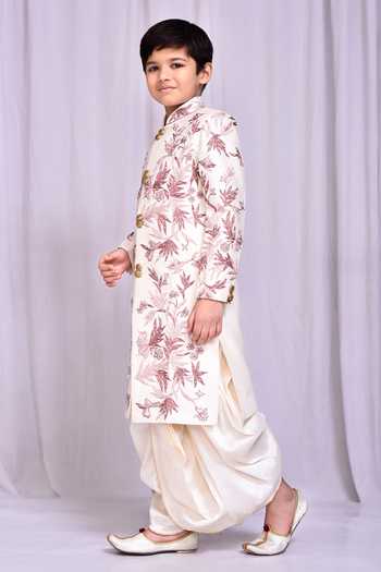 Shop_Petite Pomme_White Silk Embroidery Floral Vine Sherwani And Dhoti Pant Set _Online_at_Aza_Fashions