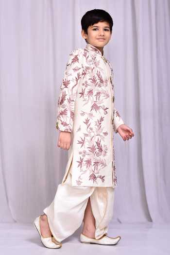 Petite Pomme_White Silk Embroidery Floral Vine Sherwani And Dhoti Pant Set _at_Aza_Fashions