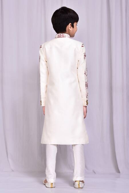 Shop_Petite Pomme_White Silk Floral Vine Embroidered Sherwani _at_Aza_Fashions