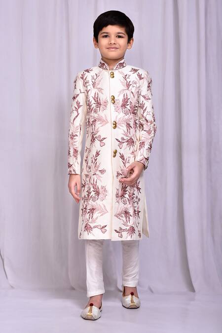 Petite Pomme_White Silk Floral Vine Embroidered Sherwani _Online_at_Aza_Fashions