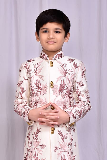 Buy_Petite Pomme_White Silk Floral Vine Embroidered Sherwani _Online_at_Aza_Fashions
