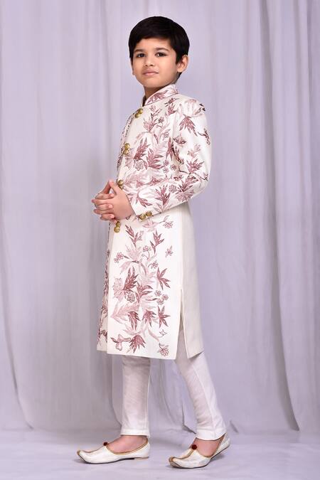 Shop_Petite Pomme_White Silk Floral Vine Embroidered Sherwani _Online_at_Aza_Fashions