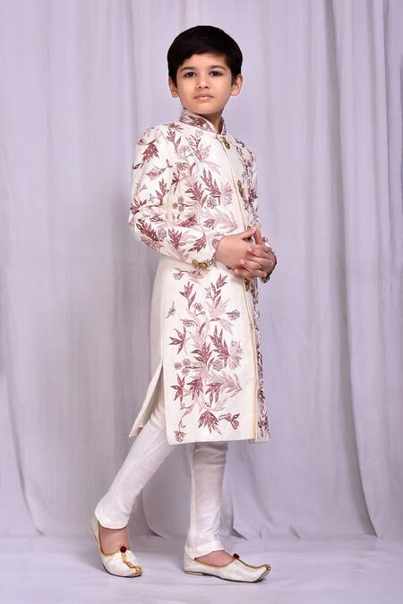 Petite Pomme_White Silk Floral Vine Embroidered Sherwani _at_Aza_Fashions