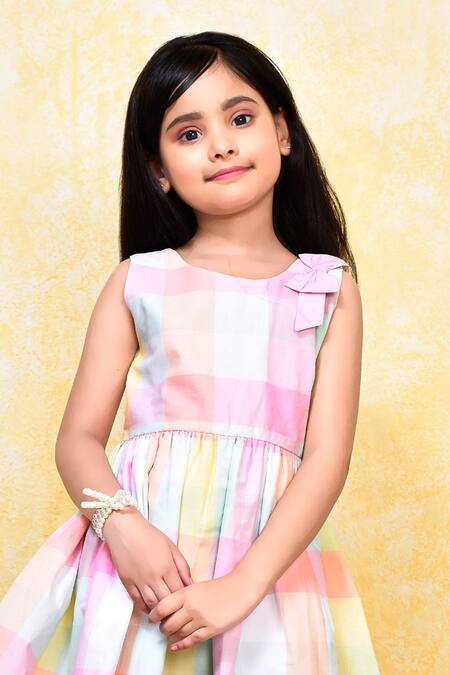 Petite Pomme_Multi Color Cotton Bows Checkered Dress _at_Aza_Fashions