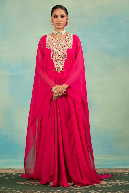 Swati Wadhwani Couture_Pink Chiffon, Crepe Zari, Pearls Round And Embroidered Kaftan & Dhoti Skirt Set _Online_at_Aza_Fashions