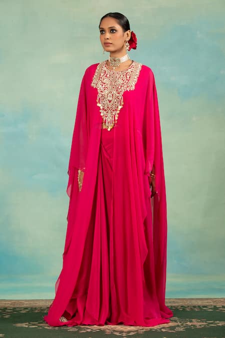 Buy_Swati Wadhwani Couture_Pink Chiffon, Crepe Zari, Pearls Round And Embroidered Kaftan & Dhoti Skirt Set _Online_at_Aza_Fashions