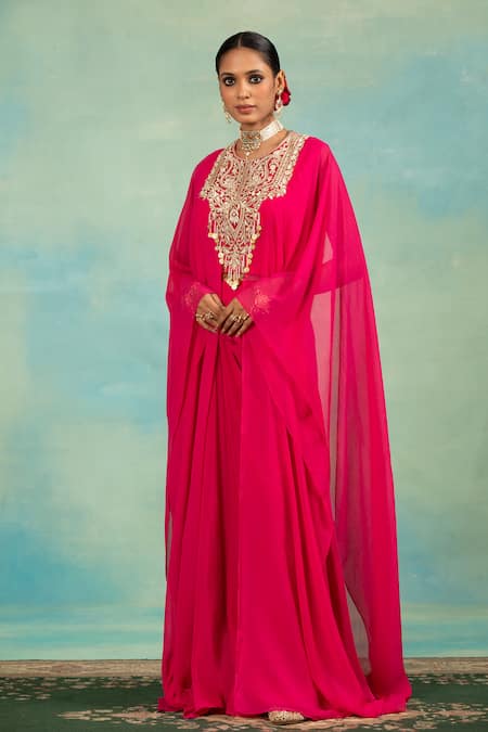 Shop_Swati Wadhwani Couture_Pink Chiffon, Crepe Zari, Pearls Round And Embroidered Kaftan & Dhoti Skirt Set _Online_at_Aza_Fashions