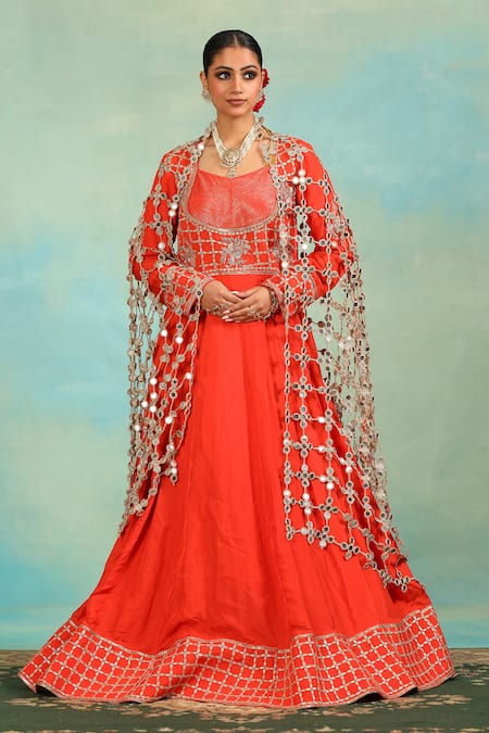 Buy_Swati Wadhwani Couture_Orange Silk Gota Patti, Embroidery, Mirrors Square Neck Anarkali And Dupatta Set _Online_at_Aza_Fashions