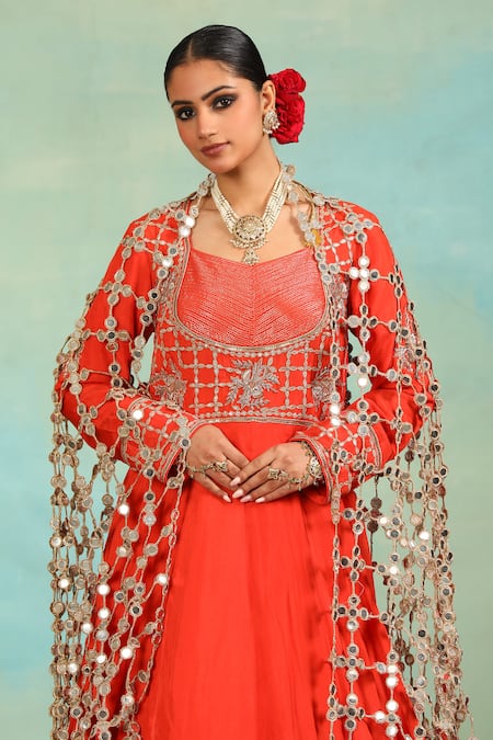 Shop_Swati Wadhwani Couture_Orange Silk Gota Patti, Embroidery, Mirrors Square Neck Anarkali And Dupatta Set _Online_at_Aza_Fashions
