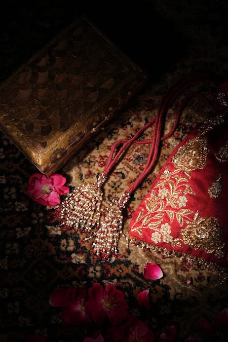 House Of Ekara_Red Zari, Beads, Pearls, Sequins, Tassels, Embroidery Surkh Potli Bag _Online_at_Aza_Fashions