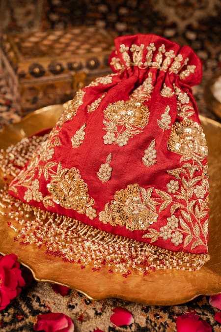 Buy_House Of Ekara_Red Zari, Beads, Pearls, Sequins, Tassels, Embroidery Surkh Potli Bag _Online_at_Aza_Fashions