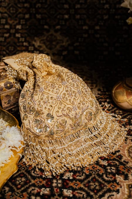 House Of Ekara_Beige Zari, Sequins, Beads, Pearls Zareen Zardozi Embroidered Potli Bag _Online_at_Aza_Fashions