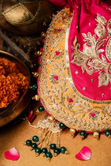 House Of Ekara_Pink Zari, Sequins, Stones, Tassels, Beads Gulabo Embroidered Potli  _Online_at_Aza_Fashions