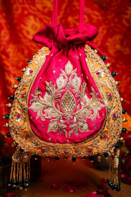 Buy_House Of Ekara_Pink Zari, Sequins, Stones, Tassels, Beads Gulabo Embroidered Potli  _Online_at_Aza_Fashions