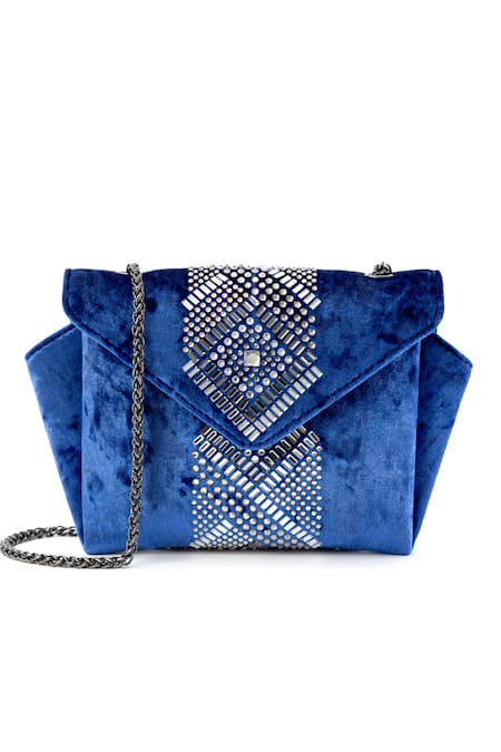 Etcetera_Blue Crystals Origami Velvet Party Clutch Bag _Online_at_Aza_Fashions