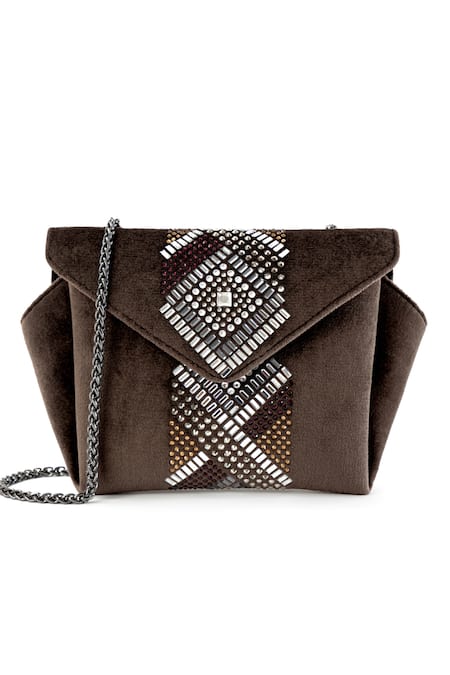 Etcetera_Brown Crystals Origami Velvet Party Clutch _Online_at_Aza_Fashions