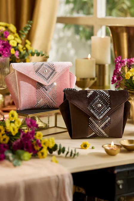 Etcetera_Brown Crystals Origami Velvet Party Clutch _at_Aza_Fashions