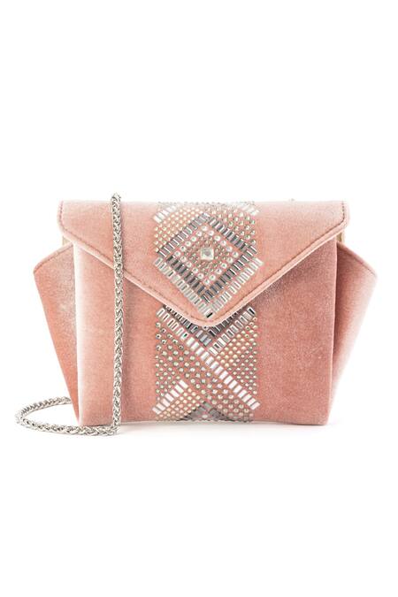 Etcetera_Pink Crystals, Rhinestones Origami Velvet Party Clutch _Online_at_Aza_Fashions