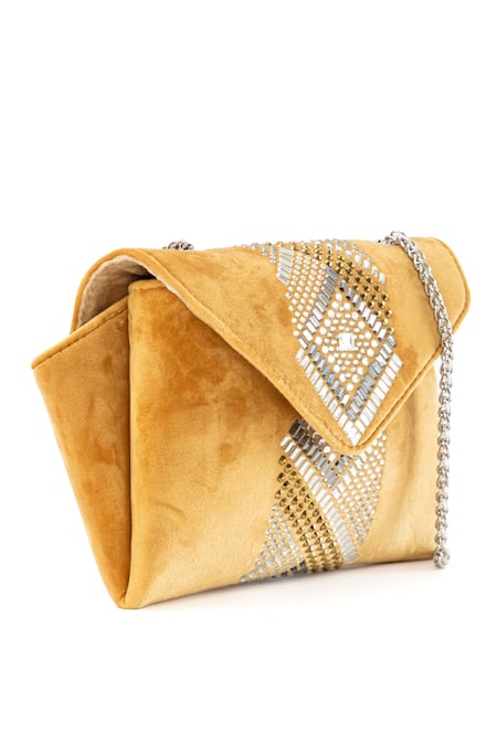 Etcetera_Yellow Crystals, Stones, Rhinestones Origami Velvet Party Clutch _Online_at_Aza_Fashions