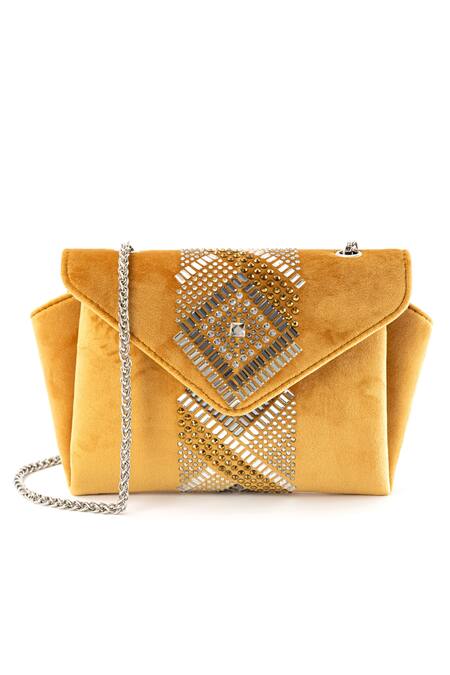 Buy_Etcetera_Yellow Crystals, Stones, Rhinestones Origami Velvet Party Clutch _Online_at_Aza_Fashions