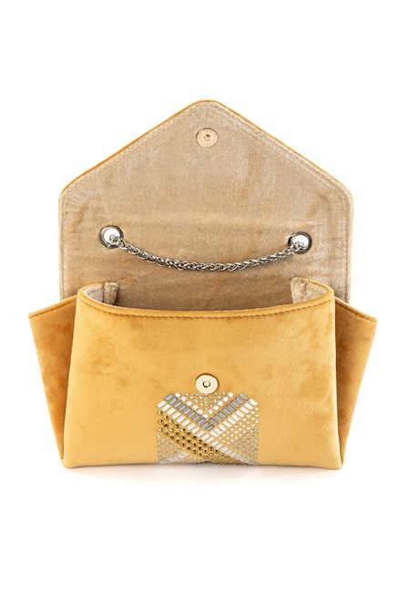 Shop_Etcetera_Yellow Crystals, Stones, Rhinestones Origami Velvet Party Clutch _Online_at_Aza_Fashions