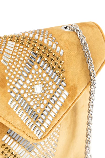 Etcetera_Yellow Crystals, Stones, Rhinestones Origami Velvet Party Clutch _at_Aza_Fashions