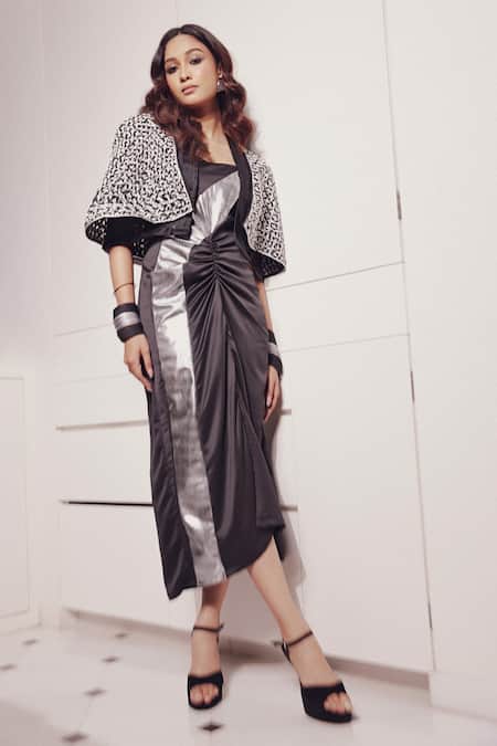 Devina Juneja Paris Cape Jacket With Ruched Dress 