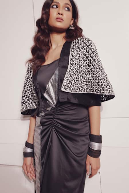Buy_Devina Juneja_Silver Crepe, Satin Collared, Square Neck Paris Cape Jacket With Ruched Dress _Online_at_Aza_Fashions