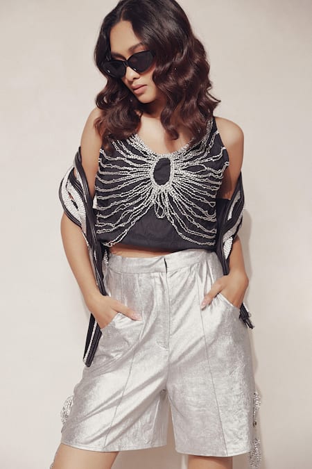 Shop_Devina Juneja_Silver Crepe, Satin Beads V-neck Paris Tank Top _Online_at_Aza_Fashions