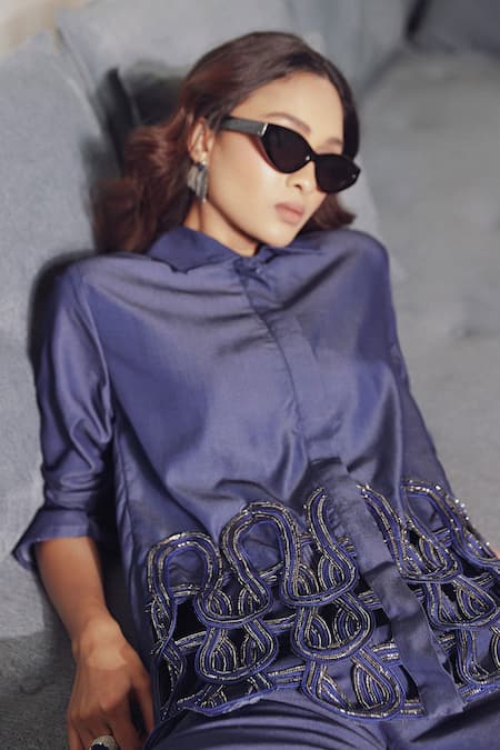 Devina Juneja_Blue Denim Applique, Metallic Thread, Fringe Shirt With Pant _Online_at_Aza_Fashions