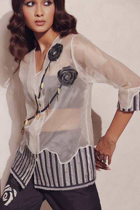 Buy_Devina Juneja_White Organza, Denim Applique, Metallic Thread Rosa Pattern Shirt With Pant _Online_at_Aza_Fashions