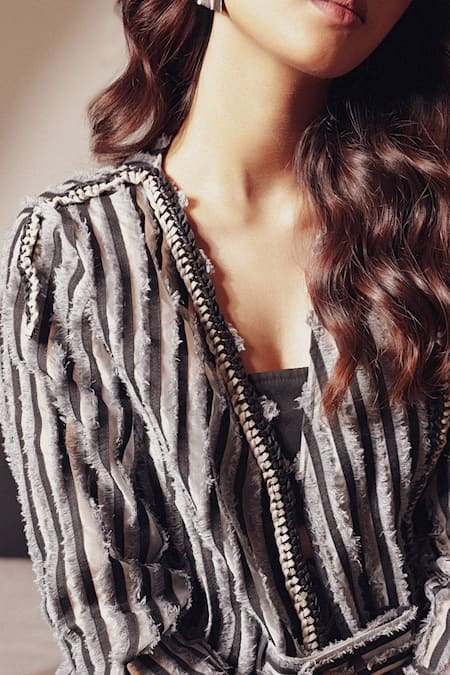 Buy_Devina Juneja_Gray Organza Fringe, Chains, Applique Open Neck Evelyn Shredded Jacket _Online_at_Aza_Fashions