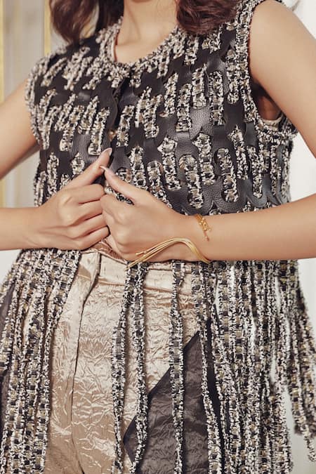 Buy Devina Juneja Silver Leather, Tweed Round Neck Dori Work Jacket Online at Aza Fashions Buy_Devina Juneja_Silver Leather, Tweed Round Neck Dori Work Jacket _Online_at_Aza_Fashions