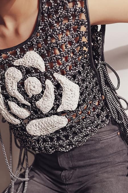 Devina Juneja_Black Leather Round Neck Rosa Pattern Vest _Online_at_Aza_Fashions
