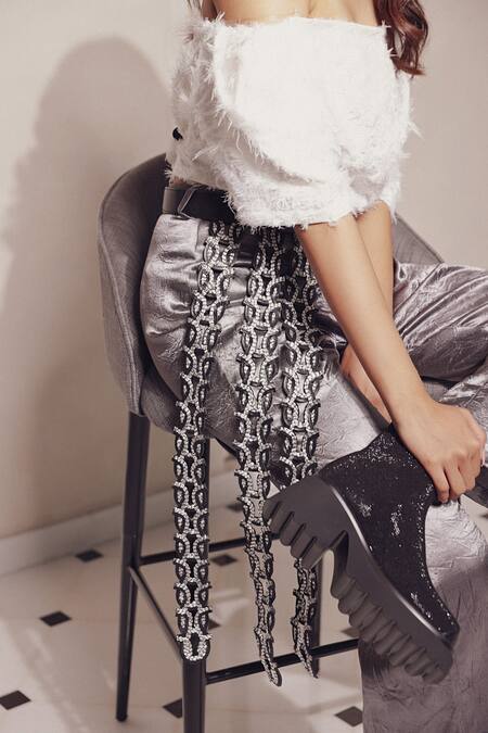 Devina Juneja_White Crepe, Satin Fringe Off-shoulder Off Top With Pant _Online_at_Aza_Fashions