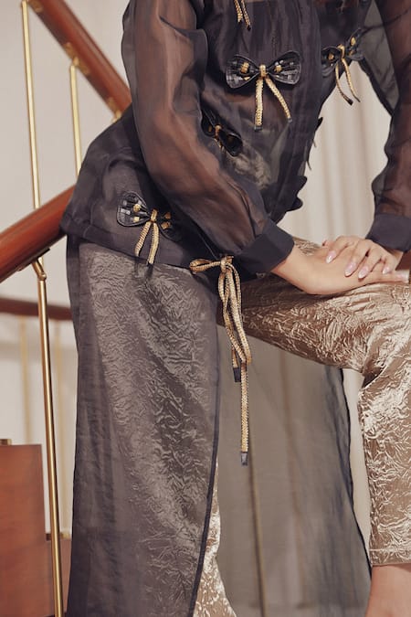 Devina Juneja_Gold Cotton, Organza Bella Draped Pant _Online_at_Aza_Fashions