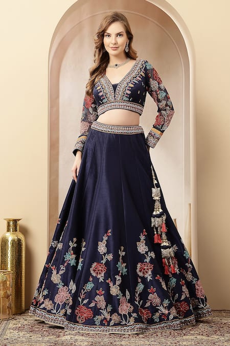 Soniya G_Navy Silk, Net Embroidery, Sequins, Tassels V-neck Floral Lehenga Set With _at_Aza_Fashions