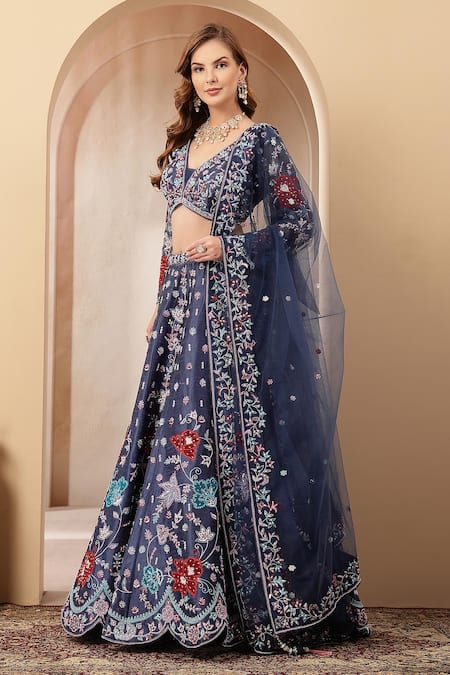 Soniya G_Multi Color Silk, Net Embroidery, Mirrors, Floral Lehenga Set With Dupatta _Online_at_Aza_Fashions