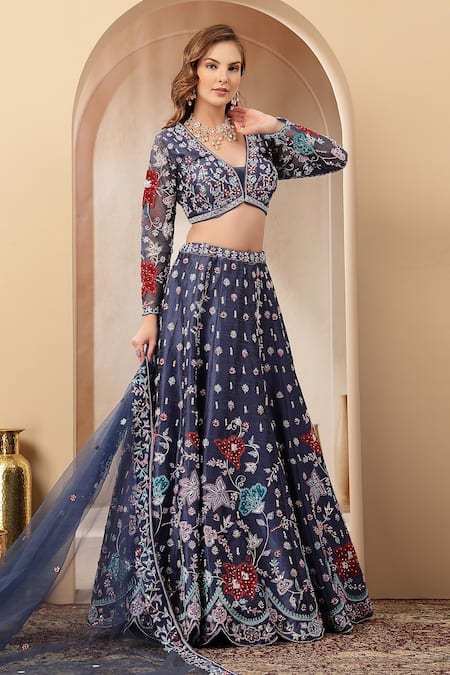 Shop_Soniya G_Multi Color Silk, Net Embroidery, Mirrors, Floral Lehenga Set With Dupatta _Online_at_Aza_Fashions