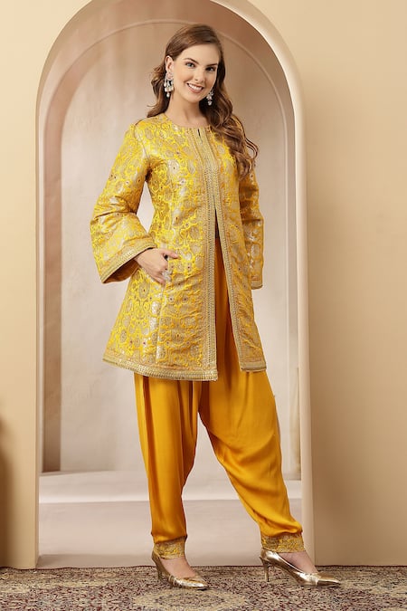 Soniya G_Yellow Brocade, Satin, Modal Zari, Sequins, Sunehri Nazakat Kurta With Salwar _at_Aza_Fashions