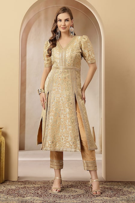 Buy_Soniya G_Gold Brocade, Silk, Chanderi Zari, Sequins, Zar-e-nazneen Kurta With Pant _Online_at_Aza_Fashions