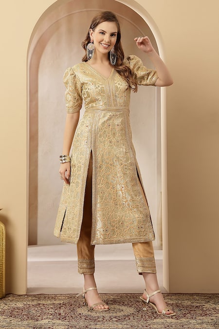 Shop_Soniya G_Gold Brocade, Silk, Chanderi Zari, Sequins, Zar-e-nazneen Kurta With Pant _Online_at_Aza_Fashions
